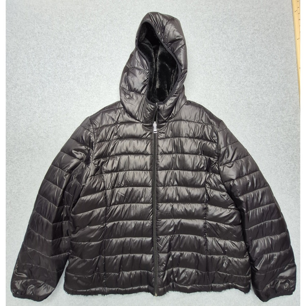 ANDREW MARC Jacket Mens XXL Black Puffer Quilted Faux Fur Lined Hooded Full Zip